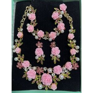 EVER FAITH Women's Austrian Crystal Simulated Pearl Rose Flower Leaf Necklace...